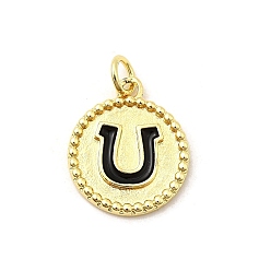 Черный Латунь эмаль подвески, плоские круглые подвески с подковами, реальный 18 k позолоченный, с целью перехода в кольце, без свинца и без кадмия, долговечный, стойки покрытие, чёрные, 17.5x15x2 мм, отверстие : 3.4 мм