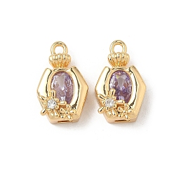 лаванда Латунные микро проложить кубического циркония подвески, овальные с цветком, реальный 18 k позолоченный, лаванда, 17x10.5x6.5 мм, отверстие : 1.6 мм