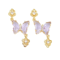 Lilac Brass Micro Pave Cubic Zirconia Connector Charms, Butterfly with Flower Links, with Glass, Lead Free & Cadmium Free, Long-Lasting Plated, Rack Plating, Real 18K Gold Plated, Lilac, 46x21x4mm, Hole: 1.4mm