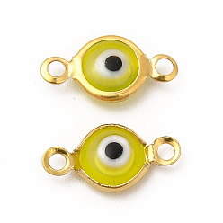 Champagne Yellow Ion Plating(IP) 304 Stainless Steel Connector Charms, Flat Round Links with Evil Eye Pattern, with Glass Enamel, Real 18K Gold Plated, Champagne Yellow, 13x6.5x2.5mm, Hole: 1.5mm