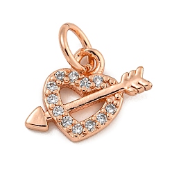 Розовое Золото Покрытие стойки латунь микропаве прозрачные кубические циркониевые подвески, без свинца и без кадмия, долговечный, сердце со стрелой, розовое золото , 9.5x11.5x2 мм, отверстие : 3.5 мм
