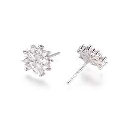 Platinum Brass Cubic Zirconia Stud Earring Findings, with Loop, Flower, Clear, Platinum, 14.5mm, Pin: 0.8mm
