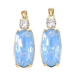 Небесно-голубой Латунные микро проложить кубического циркония подвески, со стеклом, прямоугольник амулеты, стойки покрытие, без кадмия и без свинца, долговечный, реальный 18 k позолоченный, голубой, 33.5x13.5x10.5 мм, отверстие : 4.5x3.5 мм