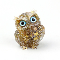 Yellow Agate Resin Home Display Decorations, with Natural Yellow Agate Chips and Gold Foil Inside, Owl, 60x50x42mm