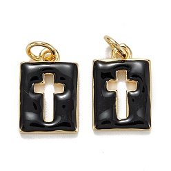 Black Brass Enamel Charms, Real 18K Gold Plated, Long-Lasting Plated, Rectangle with Cross, Black, 14.5x9.5x2mm, Hole: 3mm, Jump Ring: 5x0.8mm