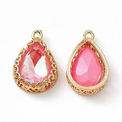 Rose K9 Glass Pendants, Teardrop Charms, Faceted, with Light Gold Tone Brass Edge, Rose, 19.5x12.5x5.5mm, Hole: 1.8mm