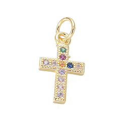 Golden Brass Micro Pave Cubic Zirconia Tiny Cross Charms, with Jump Rings, Colorful, Golden, 14x8.5x1.5mm, Hole: 3mm