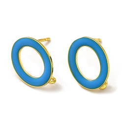 Dodger Blue Rack Plating Brass Enamel Stud Earring Findings, with Vertical Loop, Real 18K Gold Plated, Lead Free & Cadmium Free, Dodger Blue, 15x11.5mm, Hole: 1.6mm, Pin: 1mm