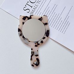 Leopard Print Cute Cat Portable Makeup Mirror with Handle and Retro Acetic Acid Marble Pattern