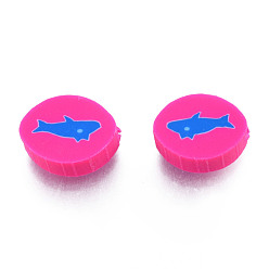 Deep Pink Handmade Polymer Clay Beads, Oval with Fish, Deep Pink, 10.5~12x8~8.5x4.5~5mm, Hole: 1.6mm