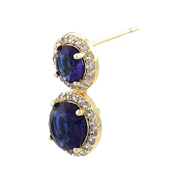Real 18K Gold Plated Blue Glass Oval Dangle Stud Earrings with Cubic Zirconia, Brass Jewelry for Women, Nickel Free, Real 18K Gold Plated, 18x9.5mm, Pin: 0.6mm