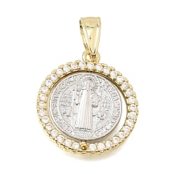Platinum & Golden Religion Brass Micro Pave Clear Cubic Zirconia Pendants, Flat Round with St. Benedict Charms, Rack Plating, Long-Lasting Plated, Cadmium Free & Lead Free, Platinum & Golden, 22.5~23x20.5~21x3mm, Hole: 7.5~8.5x5~5.5mm