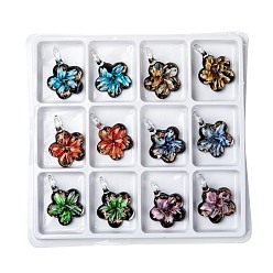 Mixed Color Handmade Gold Sand Lampwork Pendants, Flower, Mixed Color, 49x34x13mm, Hole: 7.5mm, 12pcs/box