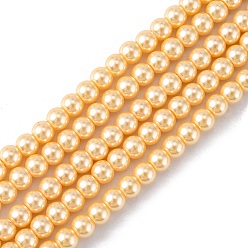 Yellow Eco-Friendly Dyed Glass Pearl Beads Strands, Grade A, Round, Cotton Cord Threaded, Yellow, 6mm, Hole: 1.2~1.5mm, about 70pcs/strand, 15.7 inch
