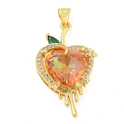 Orange Rack Plating Brass Micro Pave Clear Cubic Zirconia Pendants, with Glass, Long-Lasting Plated, Cadmium Free & Lead Free, Real 18K Gold Plated, Heart Charms, Orange, 30x17x9.5mm, Hole: 4.5x3.5mm