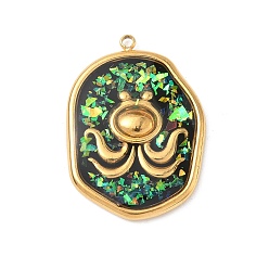 Black 304 Stainless Steel Epoxy Resin with Natural Shell and Sequins Inside Pendants, Oval with Fish Charms, Real 18K Gold Plated, PVD Vacuum Plating, Black, 28x20x2mm, Hole: 1.6mm