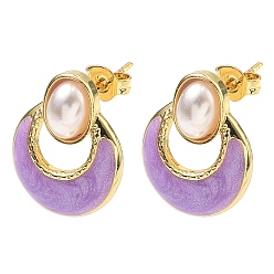 Лиловый Овальные серьги-гвоздики с плоскими круглыми латунными эмалированными элементами, с пластмассовой жемчужиной abs, стойки покрытие, без кадмия и без свинца, долговечный, золотые, сирень, 17x13.5 мм