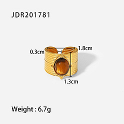JDR201781 18K Gold Natural Stone Tiger Bead Wide Open Ring, Stainless Steel Retro High Quality Jewelry Ring for Women
