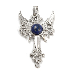 Lapis Lazuli Natural Lapis Lazuli Big Pendants, Cross with Wing Charms, with Platinum Plated Brass Findings, 52.5x32x7~7.5mm, Hole: 4x8mm & 2mm