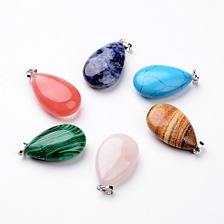 Mixed Stone Teardrop Platinum Tone Brass Natural & Synthetic Mixed Stone Pendants, 41~43x23~25x11~13mm, Hole: 5mm