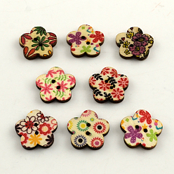 Mixed Color 2-Hole Flower Pattern Printed Wooden Buttons, Mixed Color, 19x20x3mm, Hole: 1.5mm