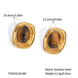 Настоящее золото 18K Овальные серьги-гвоздики из нержавеющей стали, с натуральным тигровый глаз, реальный 18 k позолоченный, 25.4x21.2 мм