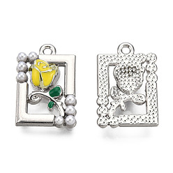 Yellow Rack Plating Alloy Enamel Pendants, with ABS Imitation Pearls Beads, Cadmium Free & Lead Free, Rectangle with Rose, Platinum, Yellow, 18.5x12.5x4mm, Hole: 1.2mm