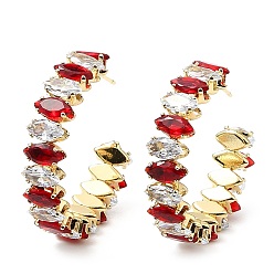 Crimson Cubic Zirconia Round Stud Earrings, Rack Plating Real 18K Gold Plated Brass Half Hoop Earrings for Women, Lead Free & Cadmium Free, Crimson, 35x8mm