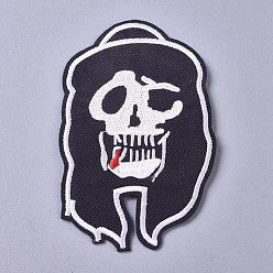 Black Computerized Embroidery Cloth Iron on/Sew on Patches, Costume Accessories, Appliques, Skull, Black, 105x65x1mm