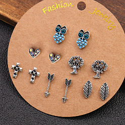 1811 6 Pairs of Fashionable Earrings Set - Owl Leaf Christmas Tree Heart Diamond Earrings