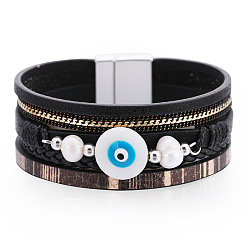 SZ00214-1 Bohemian Vacation Style Multi-layer Woven Demon Eye Pearl Leather Bracelet - European and American Fashion, Retro, Personalized Hand Ornament.