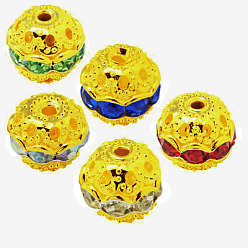 Mixed Color Brass Rhinestone Beads, Grade A, Golden Metal Color, Round, 10mm in diameter, Hole: 1.2mm