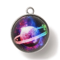 Violet Galaxy Theme Luminous Glass Ball Pendants, Glow in the Dark, with Platinum Tone Alloy Edge, Violet, 25x21.5x20~21mm, Hole: 2mm