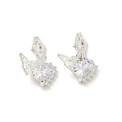 Серебро Подвески из латуни с прозрачным фианитом, подвески в виде бабочки с сердечками, без кадмия и без свинца, стойки покрытие, долговечный, серебряные, 20 мм, отверстие : 3.5 мм