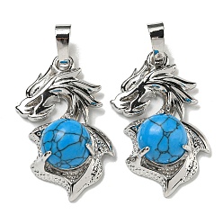 Синтетическая Бирюза Синтетические бирюзовые подвески, Подвески-драконы со стойкой, латунная фурнитура, платина, без кадмия и без свинца, 31x18x8~10 мм, отверстие : 5x8 мм