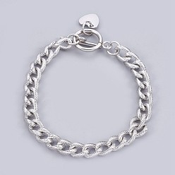 Stainless Steel Color 304 Stainless Steel Curb Chain Bracelets, Textured, with Toggle Clasps and Heart Shape Charm, Stainless Steel Color, 7-1/2 inch(19cm), 7mm