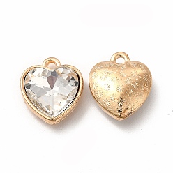 Clear Faceted Glass Rhinestone Pendants, with Golden Tone Zinc Alloy Findings, Heart Charms, Clear, 16.5x14x6.5mm, Hole: 1.6mm