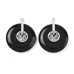 Black Onyx Подвески из натурального черного оникса (окрашенные и нагретые), Подвески в виде монет с латунным цветком лотоса, платина, 34.5~35x30x8~11 мм, отверстие : 3.5x3.5 мм