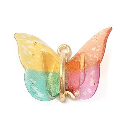 Colorful Transparent Resin Pendants, Butterfly Charms with Golden Plated Alloy Findings, Colorful, 17~18x21~24x7~7.5mm, Hole: 1.5mm