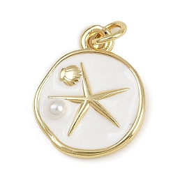 Белый Латунь эмаль подвески, плоские круглые с морскими звездами, с абс пластмассовой имитационной жемчужиной, без кадмия и без свинца, реальный 18 k позолоченный, с целью перехода в кольце, белые, 17.5x14x4 мм, отверстие : 3 мм