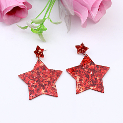 Red Glitter Acrylic Star Dangle Stud Earrings for Party, Red, 10mm