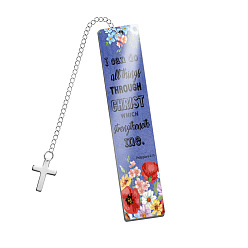 Dark Blue Stainless Steel Rectangle with Bible Word Bookmarks with Cross Pendant for Book Lovers, Dark Blue, 120x25mm