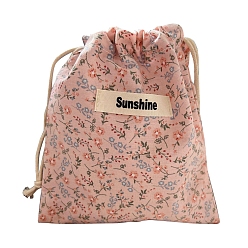 Pink Sac de rangement en coton à imprimé floral, sac de cordon, rectangle, rose, 18.5x16.5 cm