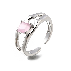 Бледно-Розовый Квадратные латунные манжеты-кольца «кошачий глаз», без кадмия и без свинца, долговечный, стойки покрытие, платина, розовый жемчуг, 8 мм, внутренний диаметр: регулируемый