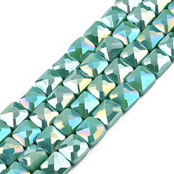 Light Sea Green Electroplate Opaque Solid Color Glass Beads Strands, AB Color Plated, Faceted, Square, Light Sea Green, 6.5x6.5x4.5mm, Hole: 1.2mm, about 97~99Pcs/strand, 25 inch(63.5cm)