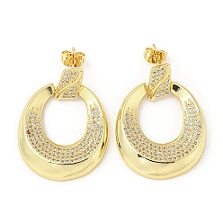Real 18K Gold Plated Oval Rack Plating Brass Micro Pave Cubic Zirconia Dangle Stud Earrings, Long-Lasting Plated, Lead Free & Cadmium Free, Real 18K Gold Plated, 34x24.5mm