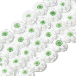 Белый Ручной Millefiori стеклянные плоские круглые нити бисера, один цветочный дизайн, белые, 10x3.5~4 мм, отверстие : 1 мм, около 38 шт / нитка, 14.17'' (36 см)