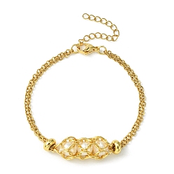 Golden Natural Pearl Link Bracelet, 304 Stainless Steel Macrame Pouch Bracelet, Golden, 7-1/8 inch(18.2cm)