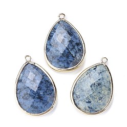 Dumortierite Faceted Natural Dumortierite Pendants, with Light Gold Plated Brass Edge and Loop, Teardrop, 28.5~29.5x19~20x7mm, Hole: 1.2mm