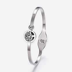 Couleur Acier Inoxydable 304 bracelets en acier inoxydable, avec de la résine et strass, plat et circulaire avec arbre de vie, couleur inox, 1-7/8 pouces x 2-3/8 pouces (4.75x6 cm)